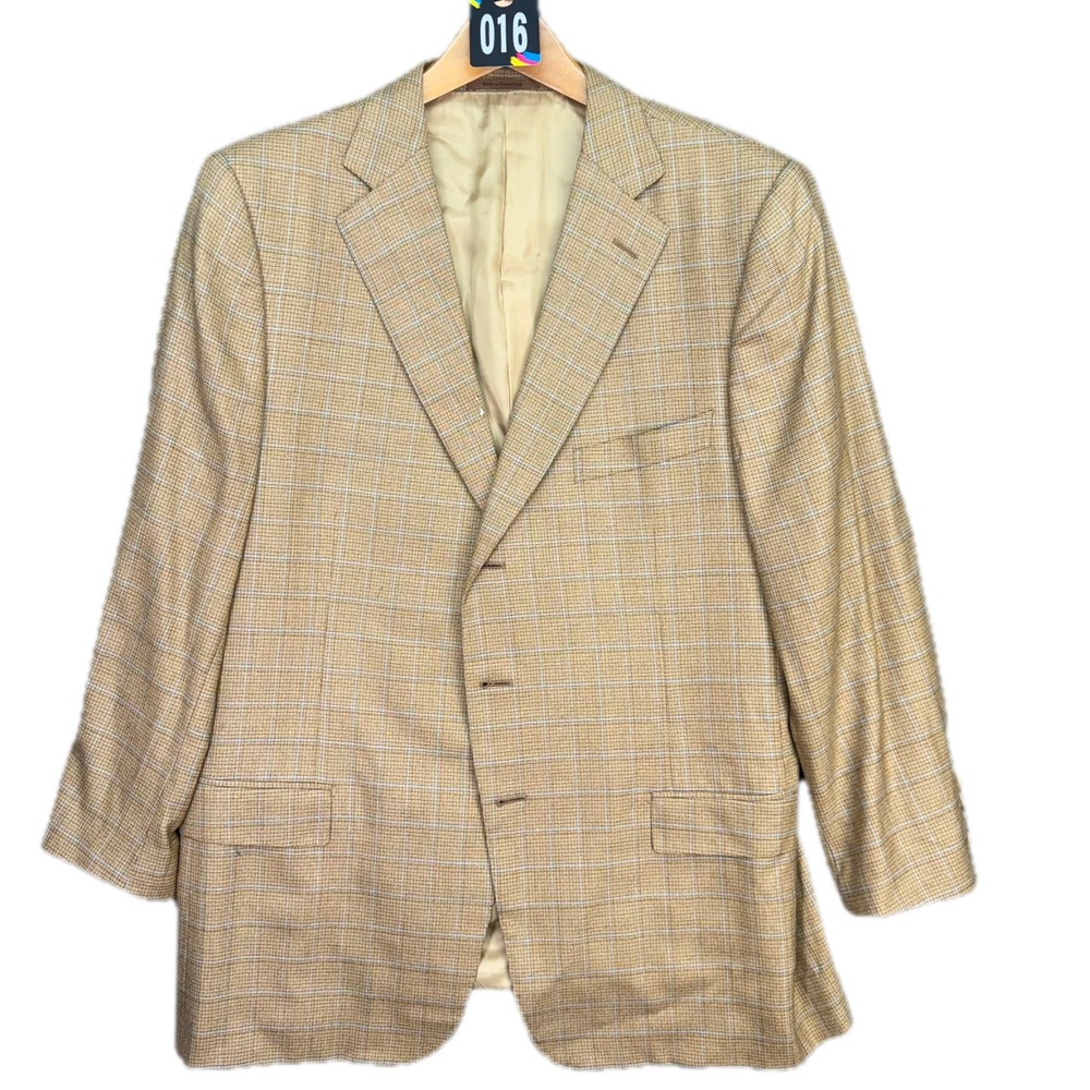 Ermenegildo Zegna Sport Coat Mens 56R Tan Glen Plaid 15 Milmil 15 Wool Blazer